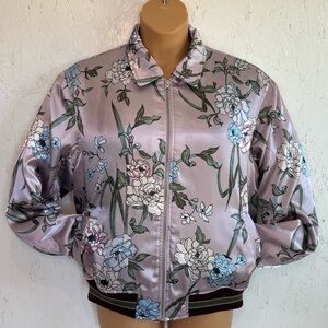 Urban Outfitters Floral Satin Bomber Jacket Medium Faux Fur Mauve